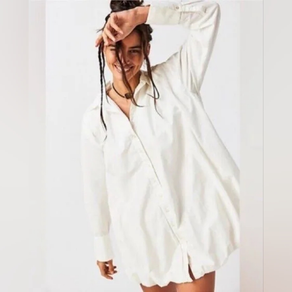 Free People Oversized Long Sleeve Shirt Dress in White
